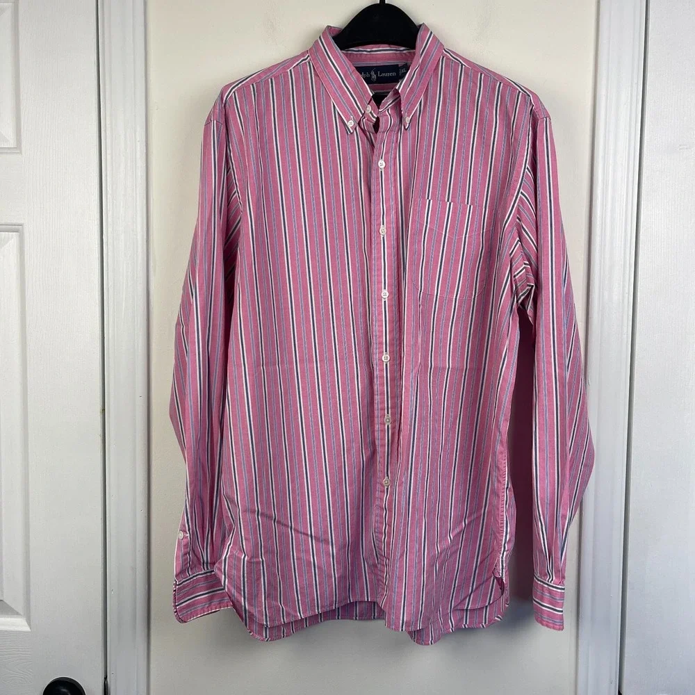 Polo Ralph Lauren Mens XL 100% Cotton Long Sleeve Button‎ Down Pony Pink Striped